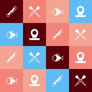 Pop Art Knife 'ı, çapraz kürekleri, kürekleri, tekneyi, balık ve konum balıkçılık ikonunu ayarlayın. Vektör