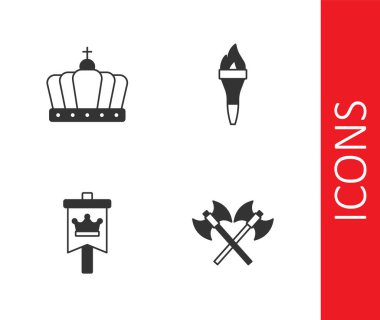 Çapraz Ortaçağ baltaları, Kral tacı, Ortaçağ bayrağı ve Meşale alevi ikonu. Vektör