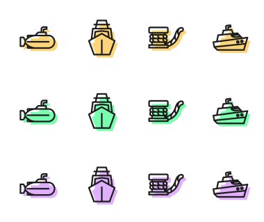 Halatla, denizaltıyla, yat teknesiyle ve sürat teknesi ikonuyla halat koyun. Vektör