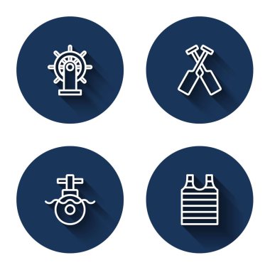 Çizgili direksiyon, çapraz kürek, kürek, tekne, denizaltı ve uzun gölgeli çizgili denizci tişörtü. Mavi daire düğmesi. Vektör