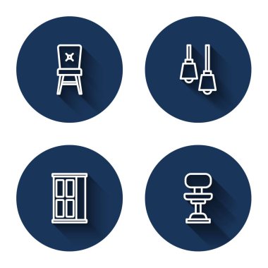 Sıralı sandalye, lamba asma, gardırop ve uzun gölgeli ofis koltuğu. Mavi daire düğmesi. Vektör