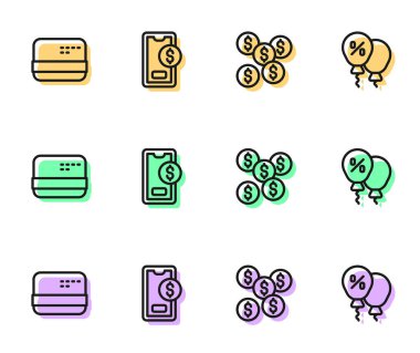 Çizgi dolar sembolü, kredi kartı, dolar ve indirim etiketli cep telefonu. Vektör