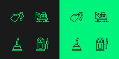 Petrol ya da benzin istasyonu, motor yağı için teneke kutu ve deniz ikonu için petrol platformu ayarlayın. Vektör