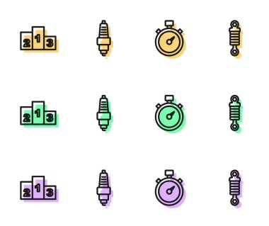 Hat Stopwatch, spor şampiyonu podyumu ödülü, araba buji ve şok emici ikonu. Vektör