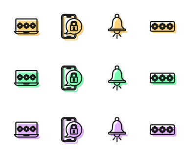 Hat alarm zilini, şifreli dizüstü bilgisayarı, mobil asma kilidi ve parola koruma simgesini ayarla. Vektör