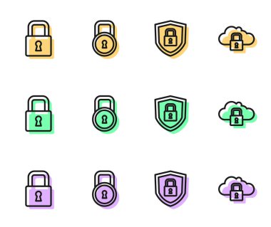 Kalkan güvenliğini kilit, kilit ve bulut bilgisayar ikonu ile ayarla. Vektör