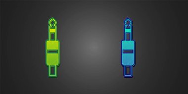 Green and blue Audio jack icon isolated on black background. Audio cable for connection sound equipment. Plug wire. Musical instrument.  Vector