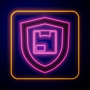 Parlayan neon dağıtım güvenliği ve siyah arka planda izole edilmiş kalkan ikonu. Teslimat sigortası. Kalkanın ötesinde sigorta kutuları var. Vektör