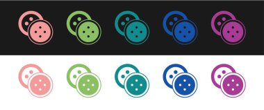 Siyah ve beyaz arkaplanda izole edilmiş kıyafet simgesi için dikiş düğmesini ayarlayın. Giysi düğmesi. Vektör