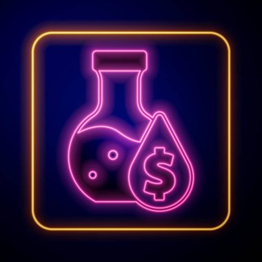Parlayan neon yağı test tüpü simgesi siyah arkaplanda izole edildi. Komiklik şişesi ve düşen damla. Vektör