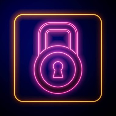 Parlayan neon kilidi simgesi siyah arkaplanda izole edildi. Asma kilit işareti. Güvenlik, güvenlik, koruma, gizlilik kavramı. Vektör