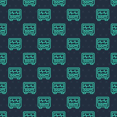 Mavi zemin üzerinde kardiyogram simgesi olan yeşil çizgi bilgisayar monitörü. Simge denetleniyor. Kalp atışı elle çizilmiş EKG monitörü. Vektör