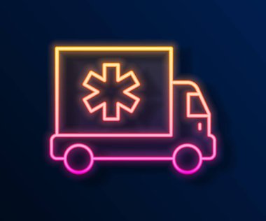 Parlayan neon hattı ambulansı ve acil durum arabası simgesi siyah arka planda izole edildi. Ambulans aracı tıbbi tahliye. Vektör