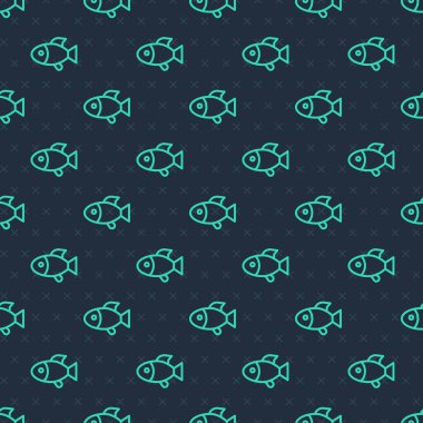 Yeşil çizgi Balık simgesi mavi arkaplandaki kusursuz deseni izole etti. Vektör