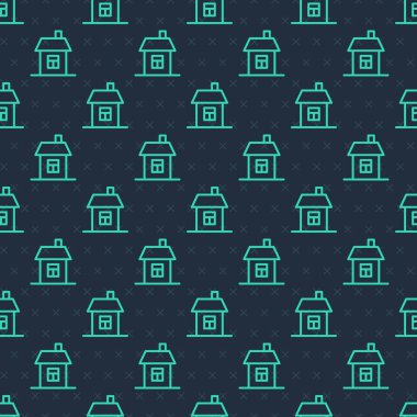 Green line House icon isolated seamless pattern on blue background. Home symbol.  Vector