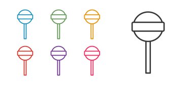 Beyaz arkaplanda izole edilmiş çizgi lolipop simgesi belirle. Yemek, lezzetli bir sembol. Mutlu Cadılar Bayramı Partisi. Simgeleri renklendirin. Vektör