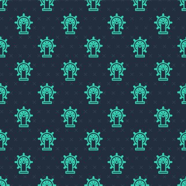 Yeşil çizgi direksiyon ikonu mavi arka planda izole edilmiş pürüzsüz desen. Vektör