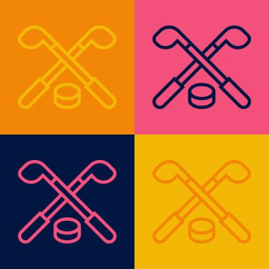 Pop art line Ice hockey sticks and puck icon isolated on color background. Game start.  Vector
