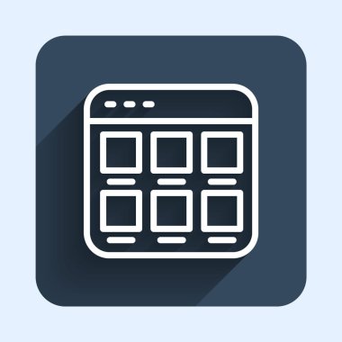 Beyaz Hat Çevrimiçi uzun gölge arkaplan izole ekran simgesinden alışveriş. Konsept e-ticaret, e-ticaret, online iş pazarlama. Mavi kare düğme. Vektör