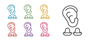 Set line Earplugs and ear icon isolated on white background. Ear plug sign. Noise symbol. Sleeping quality concept. Set icons colorful. Vector