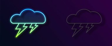 Parlayan neon hattı Storm simgesi siyah arkaplanda izole edildi. Bulut ve şimşek işareti. Fırtınanın hava durumu ikonu. Vektör