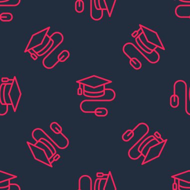 Red line Graduation cap with mouse icon isolated seamless pattern on black background. World education symbol. Online learning or e-learning concept.  Vector