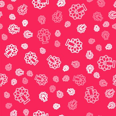 Beyaz çizgili dönme dolap ikonu kırmızı arka planda izole edilmiş kusursuz desen. Eğlence parkı. Çocuklar için eğlence parkı, eğlence parkı. Vektör