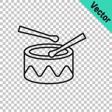 Şeffaf arkaplanda baget çubuğu simgesi olan siyah çizgili Drum. Müzik işareti. Müzik aleti sembolü. Vektör