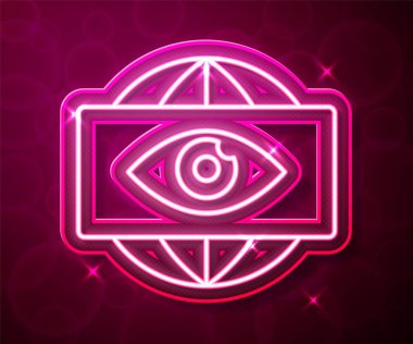 Parlayan neon hattı Büyük kardeş elektronik göz ikonu kırmızı arka planda izole edildi. Küresel izleme teknolojisi, bilgisayar sistemleri ve ağ güvenliği. Vektör