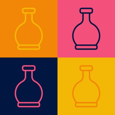 Renk arkaplanında iksir ikonu olan pop sanat çizgisi. Sihirli iksirli matara. Mutlu Cadılar Bayramı Partisi. Vektör