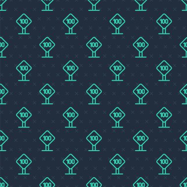 Green line Speed limit traffic sign 100 km icon isolated seamless pattern on blue background.  Vector