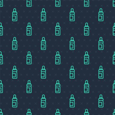 Green line Essential oil bottle icon isolated seamless pattern on blue background. Organic aromatherapy essence. Skin care serum glass drop package.  Vector