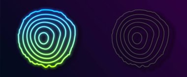 Parlayan neon çizgisi ağaç halkaları simgesi siyah arkaplanda izole edildi. Ahşap kesit. Vektör