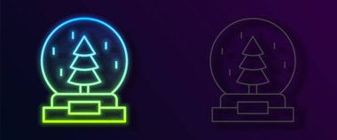 Karla kaplı parlak neon hattı Noel kar küresi ve siyah arka planda izole edilmiş Noel ağacı ikonu. Mutlu Noeller ve mutlu yıllar. Vektör