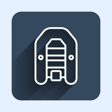 Dış motor ikonu ile beyaz çizgi şişirilebilir tekne uzun gölge arkaplan izole. Mavi kare düğme. Vektör