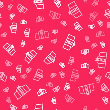 Beyaz çizgili petrol tankı depolama ikonu kırmızı zeminde izole edilmiş pürüzsüz desen. Petrol ve gaz endüstrisi için gemi deposu. Petrol tankı teknoloji istasyonu. Vektör