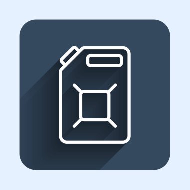 Benzin ikonu için beyaz çizgi kutusu uzun gölge arkaplan izole. Dizel gaz ikonu. Mavi kare düğme. Vektör