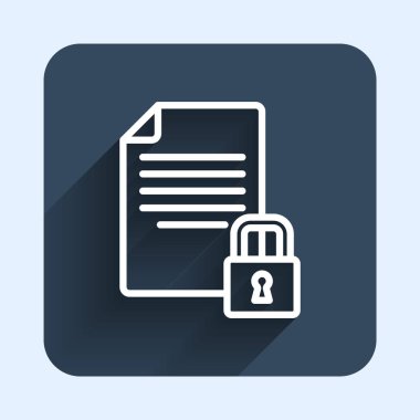 White line Document and lock icon isolated with long shadow background. File format and padlock. Security, safety, protection concept. Blue square button. Vector