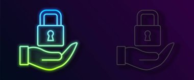 Parlayan neon çizgi simgesi siyah arkaplanda izole edildi. Asma kilit işareti. Güvenlik, güvenlik, koruma, gizlilik kavramı. Vektör