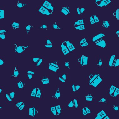 Set Fishing float, Yacht sailboat, jacket and Case or box for fishing equipment on seamless pattern. Vector