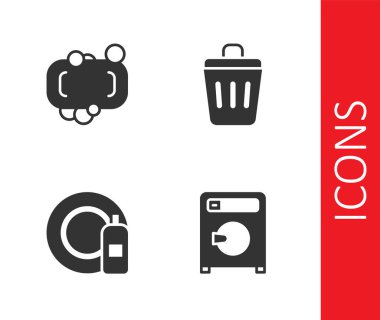 Set Washer, Bar of soap, Dishwashing bottle and plate and Trash can icon. Vector