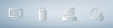 Set Shopping cart on monitor, POS terminal, Cash register machine and Clock and percent discount. Paper art style. Vector