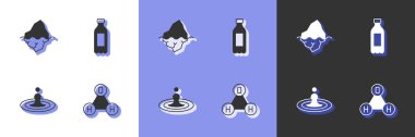 Set Chemical formula water H2O, Iceberg, Water drop and Bottle of icon. Vector