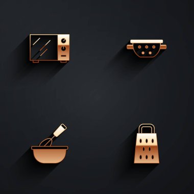 Set Microwave oven, Kitchen colander, Cooking whisk with bowl and Grater icon with long shadow. Vector
