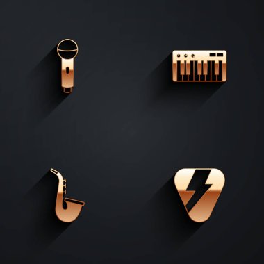 Set Microphone, Music synthesizer, Saxophone and Guitar pick icon with long shadow. Vector