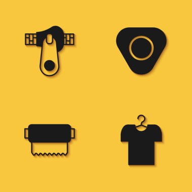 Set Zipper, T-shirt on hanger, Textile fabric roll and Sewing chalk icon with long shadow. Vector
