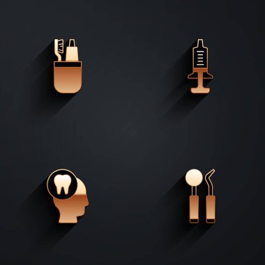 Set Toothbrush and toothpaste, Syringe, Toothache and Dental mirror probe icon with long shadow. Vector