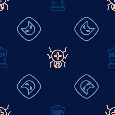 Set line Tombstone with RIP written, Black cat and Spider on seamless pattern. Vector