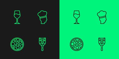 Set line Carnival mask, Pizza, Wine glass and Italian cook icon. Vector