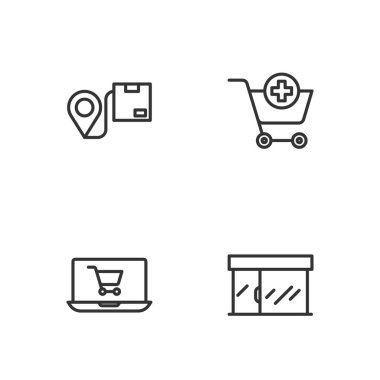 Set line Market store, Shopping cart on screen laptop, Location with cardboard box and Add icon. Vector